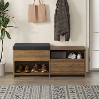 Compact hallway shoe bench with cushioned seat, open shelves and flap compartment, perfect for entryway storage.