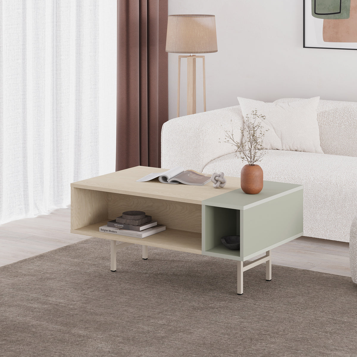 Isbrae 100cm Coffee Table with 4 Storage Compartments — Sonoma Oak, Ash Green, image 1