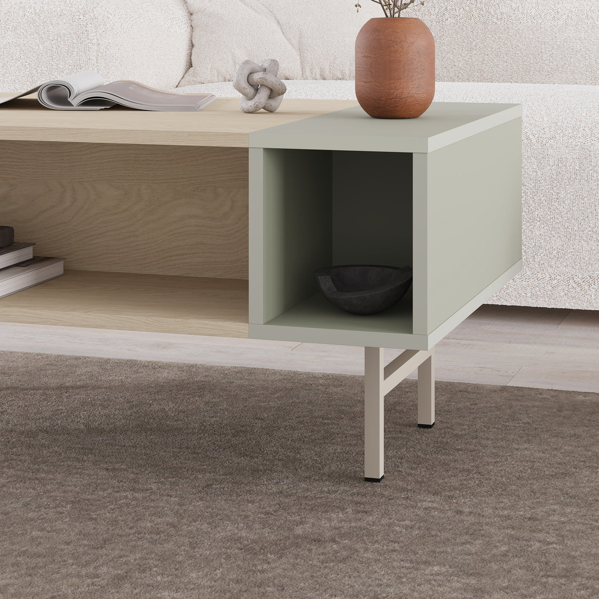 Isbrae 100cm Coffee Table with 4 Storage Compartments — Sonoma Oak, Ash Green, image 3