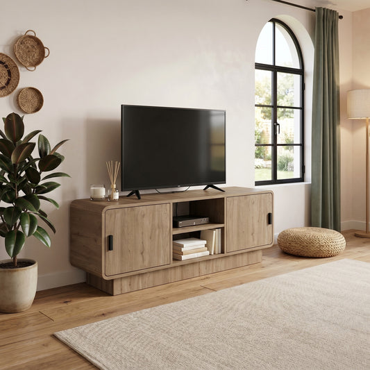 Jorvan 140cm TV Unit with Rounded Corners and 2 Soft-Close Doors — Natural Oak, image 1