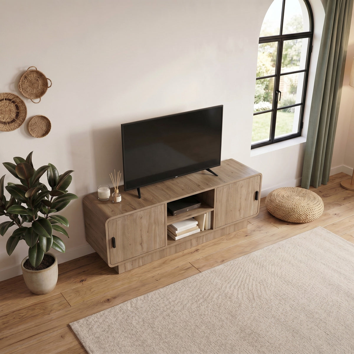 Jorvan 140cm TV Unit with Rounded Corners and 2 Soft-Close Doors — Natural Oak, image 2