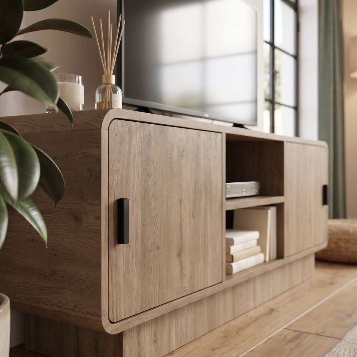 Jorvan 140cm TV Unit with Rounded Corners and 2 Soft-Close Doors — Natural Oak, image 7