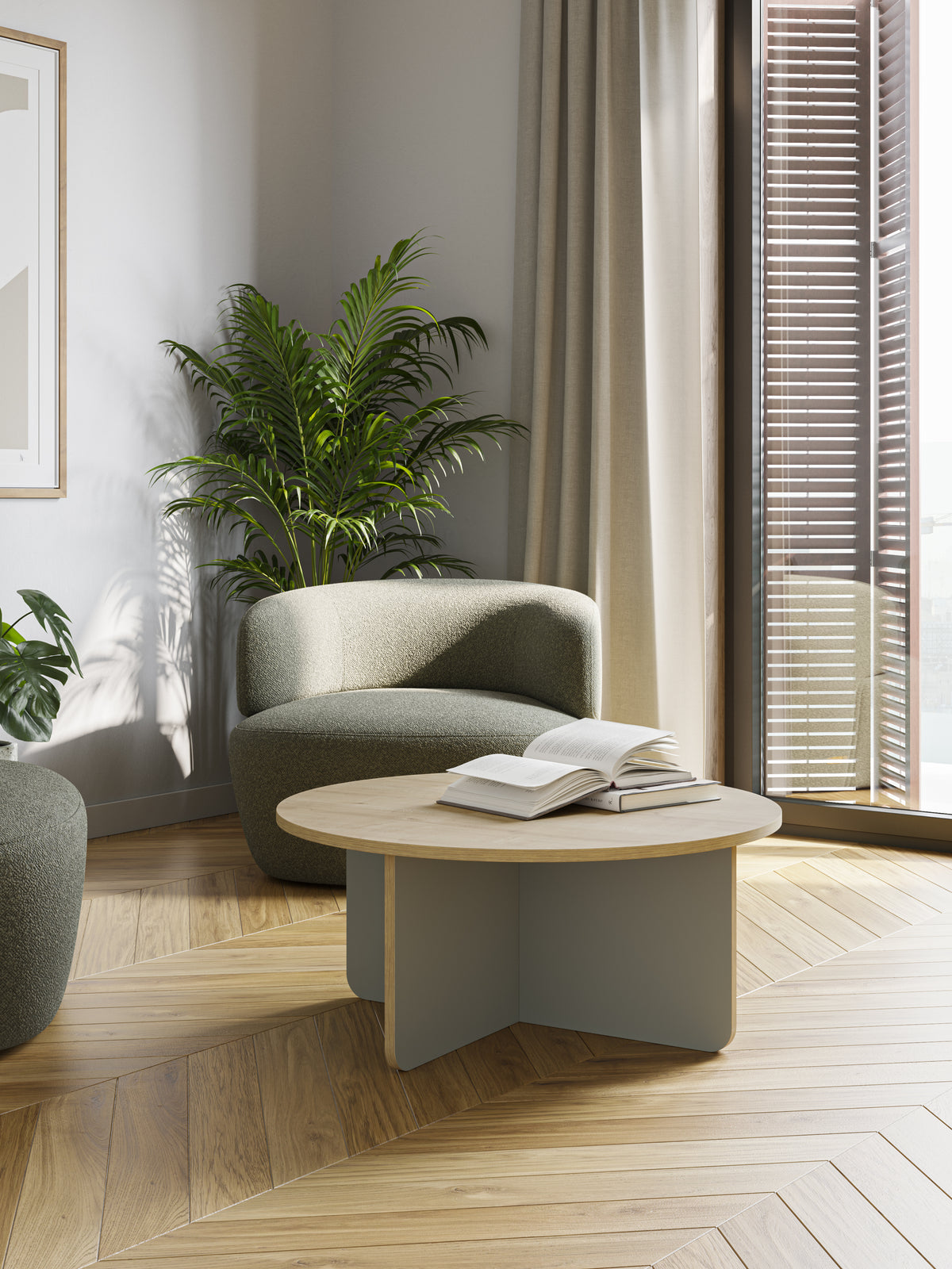 Kelbro 80cm Round Coffee Table with X-Shaped Slab Base — Oak, Ash Green, image 1