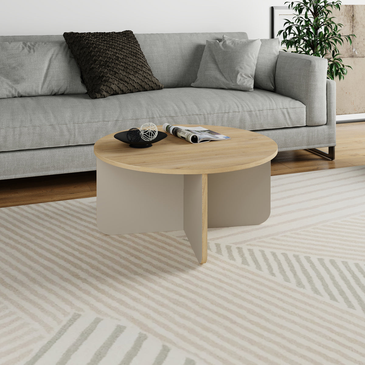 Kelbro 80cm Round Coffee Table with X-Shaped Slab Base — Oak, Sandstone, image 1