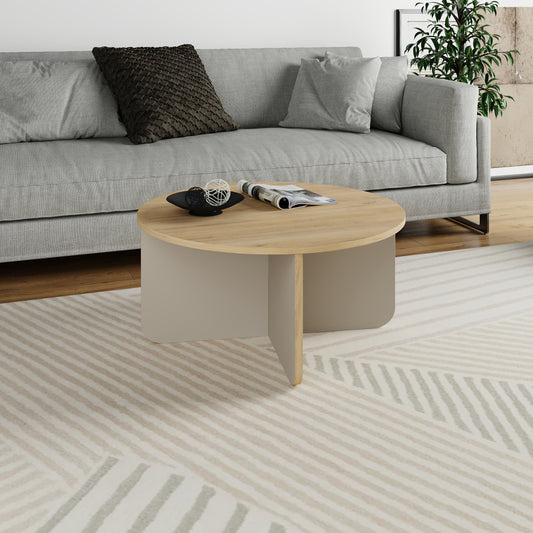 Kelbro 80cm Round Coffee Table with X-Shaped Slab Base — Oak, Sandstone, image 1