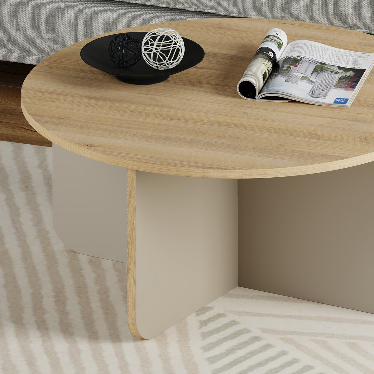 Kelbro 80cm Round Coffee Table with X-Shaped Slab Base — Oak, Sandstone, image 2