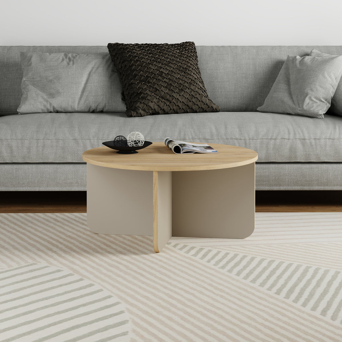 Kelbro 80cm Round Coffee Table with X-Shaped Slab Base — Oak, Sandstone, image 3