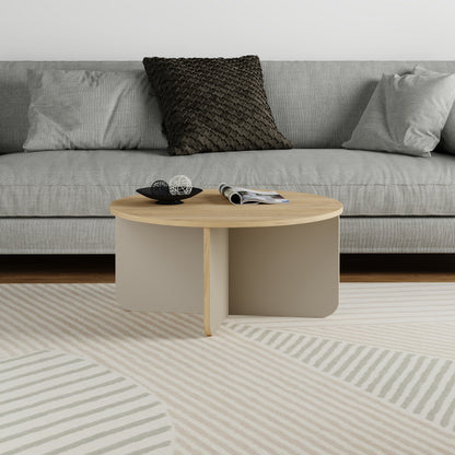 Kelbro 80cm Round Coffee Table with X-Shaped Slab Base — Oak, Sandstone, image 3