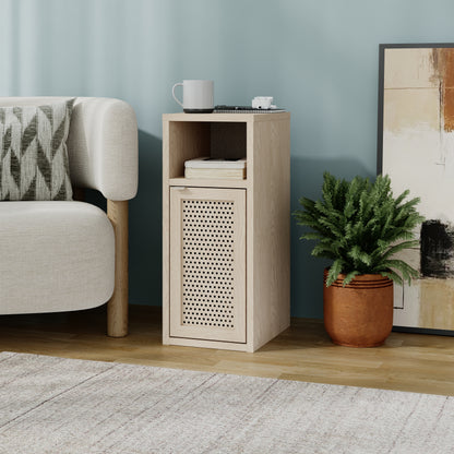 Keldo 25cm Slim Bedside Table with Cane-Effect Door and Open Shelf — Sonoma Oak, image 1