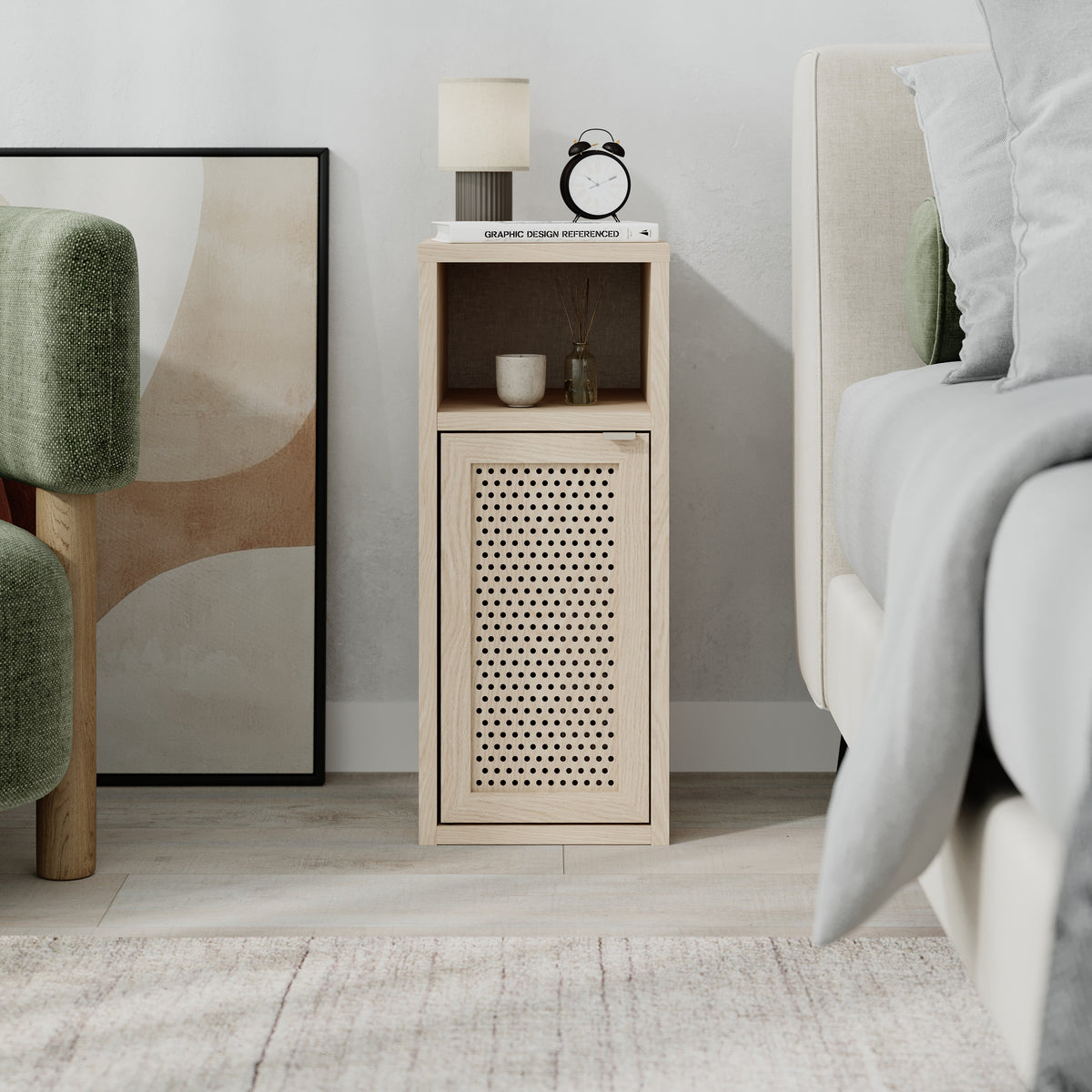 Keldo 25cm Slim Bedside Table with Cane-Effect Door and Open Shelf — Sonoma Oak, image 2