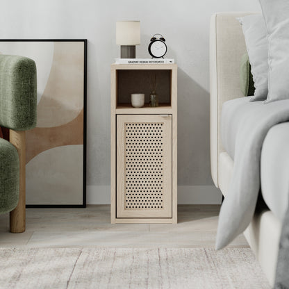Keldo 25cm Slim Bedside Table with Cane-Effect Door and Open Shelf — Sonoma Oak, image 2