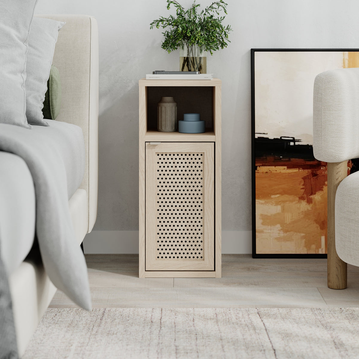 Keldo 25cm Slim Bedside Table with Cane-Effect Door and Open Shelf — Sonoma Oak, image 3