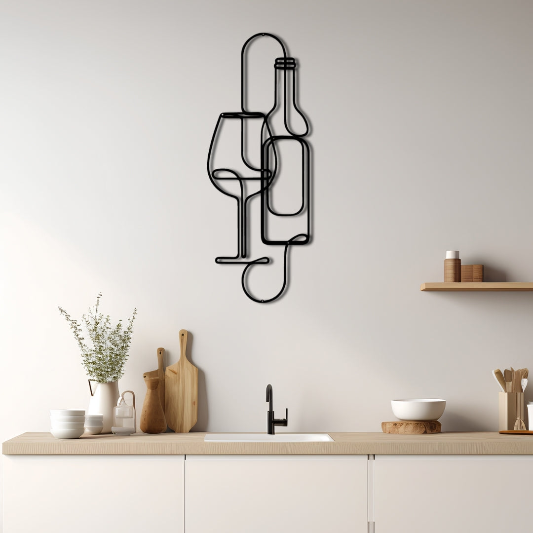 Wine & Glass Metal Wall Art – 3D Minimal Bottle and Glass Decor | 2 Size Options