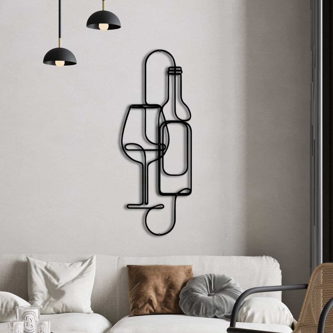 Wine & Glass Metal Wall Art – 3D Minimal Bottle and Glass Decor | 2 Size Options