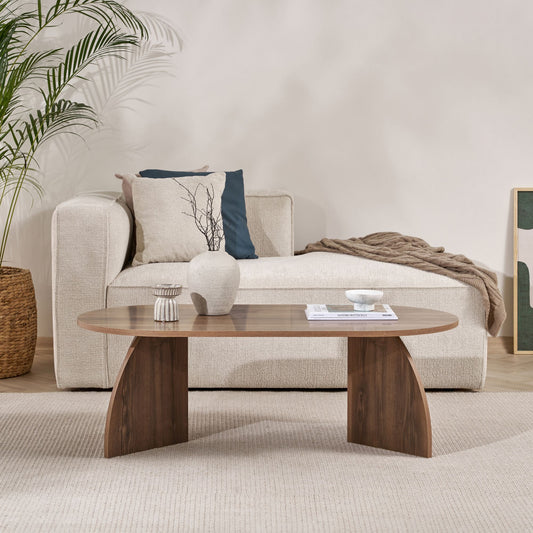 Lumbra 120cm Oval Coffee Table with Open Base — Natural Walnut Effect, image 1