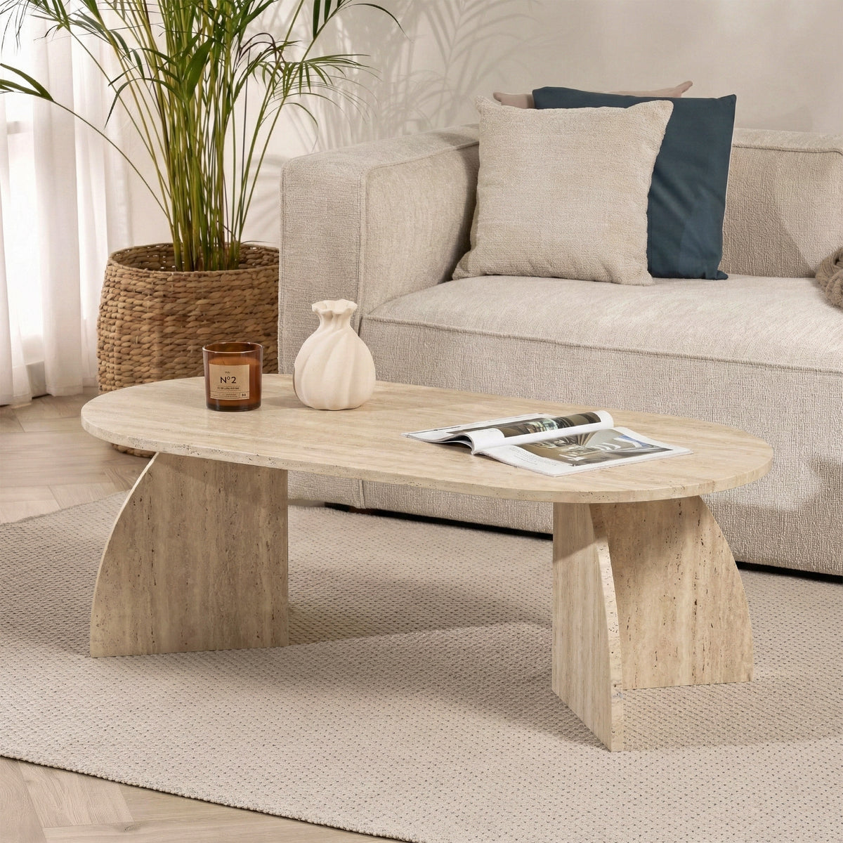 Lumbra 120cm Oval Coffee Table with Open Base — Travertine, image 1