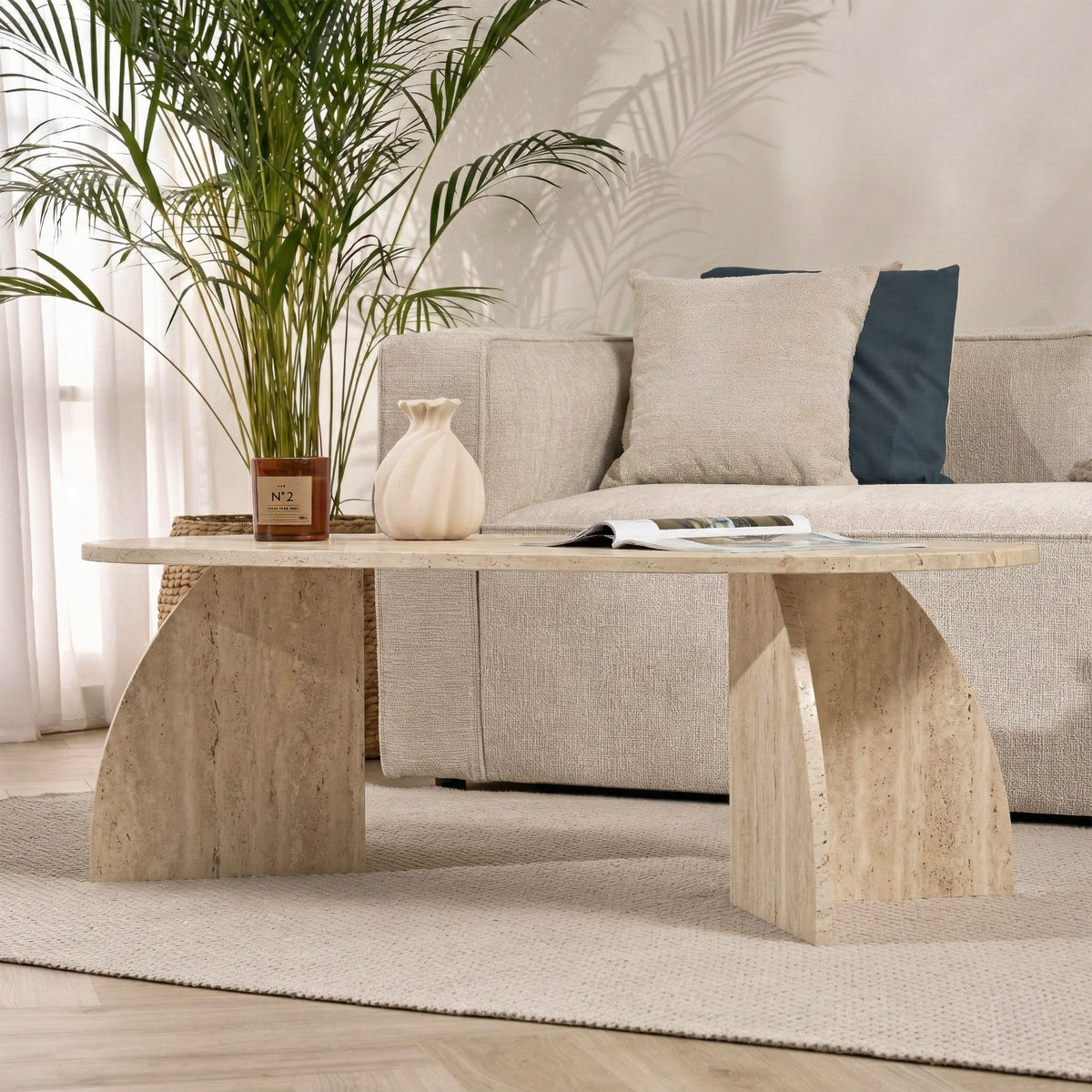 Lumbra 120cm Oval Coffee Table with Open Base — Travertine, image 5