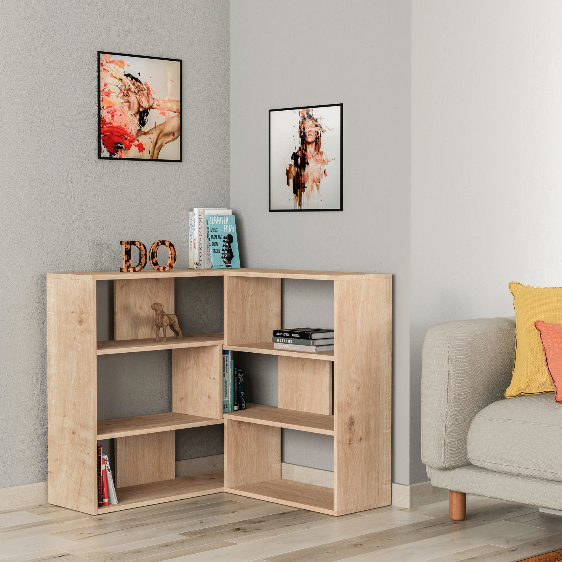 Modular two-piece bookcase with interlocking shelves, usable as a corner unit or straight layout for flexible storage