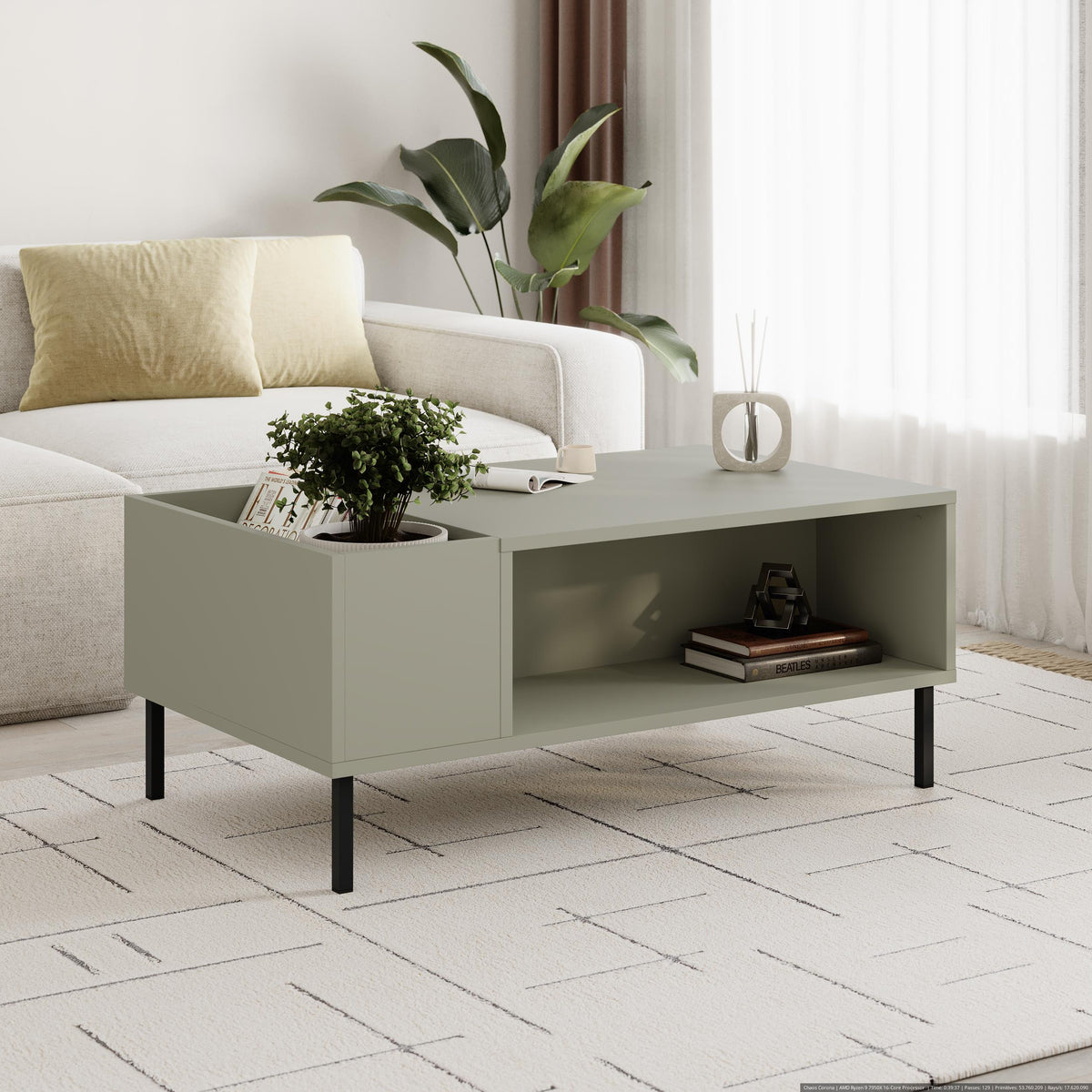 Mylde 100cm Coffee Table with Planter Shelf and Metal Legs — Ash Green, Black Metal, image 1