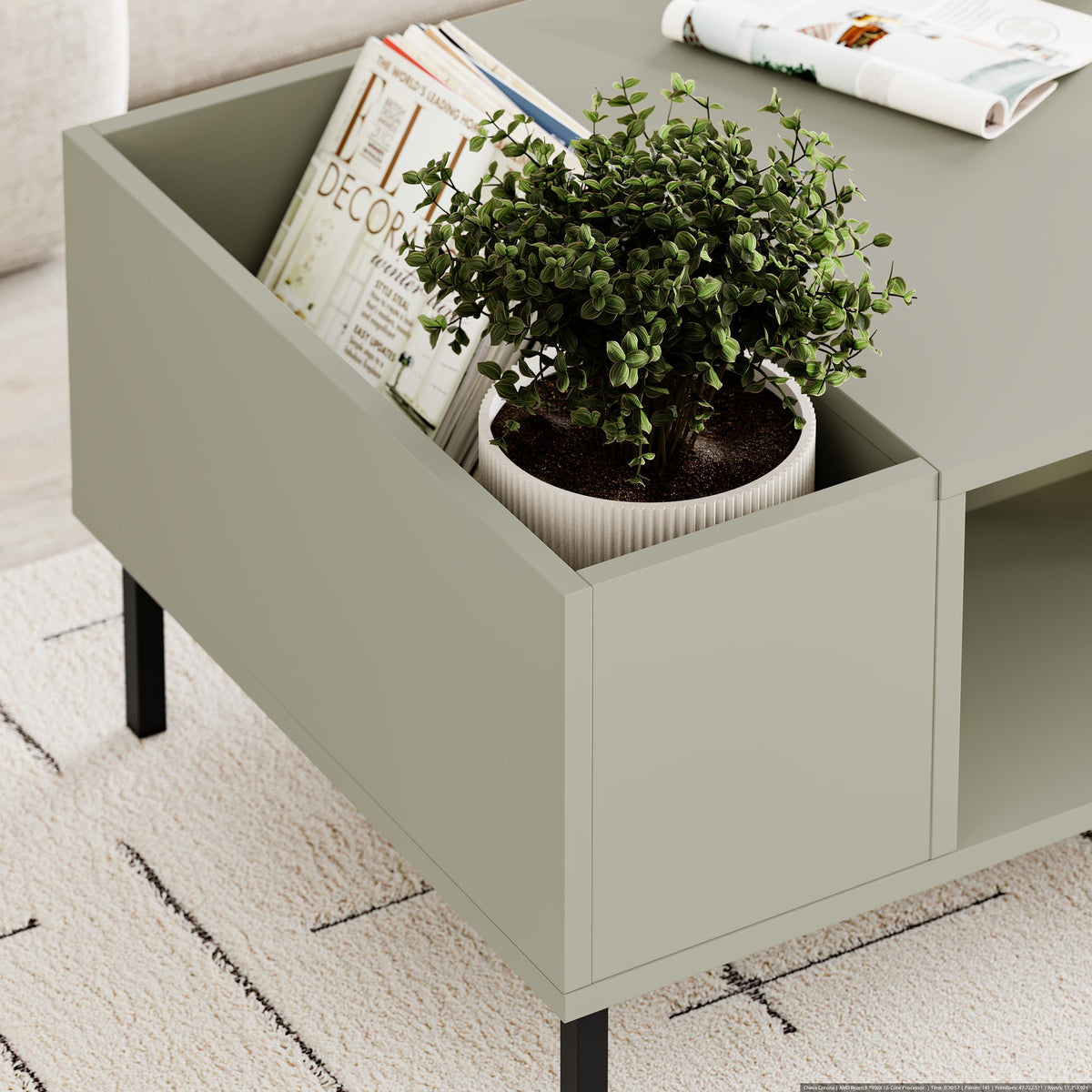 Mylde 100cm Coffee Table with Planter Shelf and Metal Legs — Ash Green, Black Metal, image 2