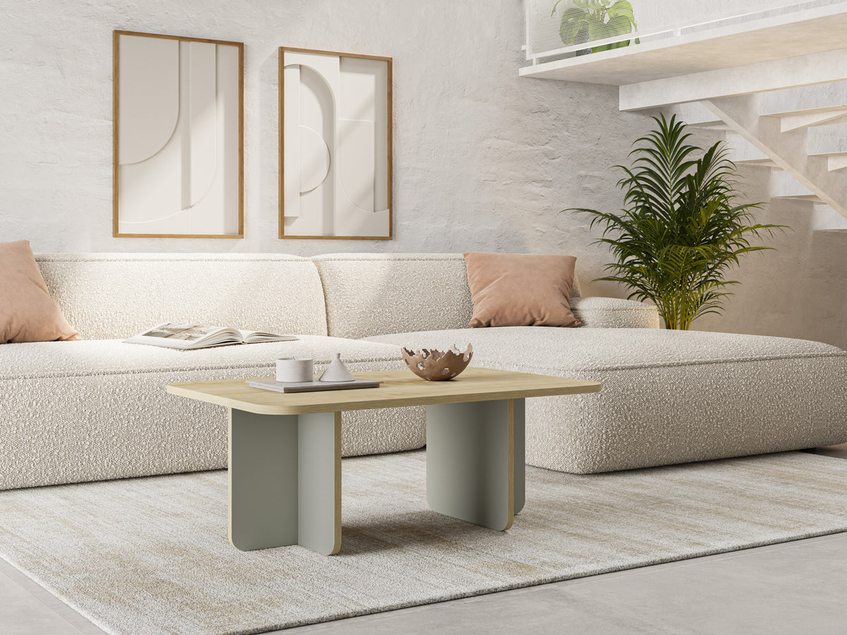 Ondrel 100 cm Coffee Table with Rounded Corners and Slab Legs — Oak, Ash Green, image 1