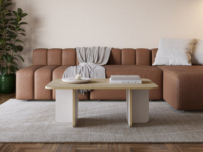 Ondrel 100 cm Coffee Table with Rounded Corners and Slab Legs — Oak, Sandstone, image 1
