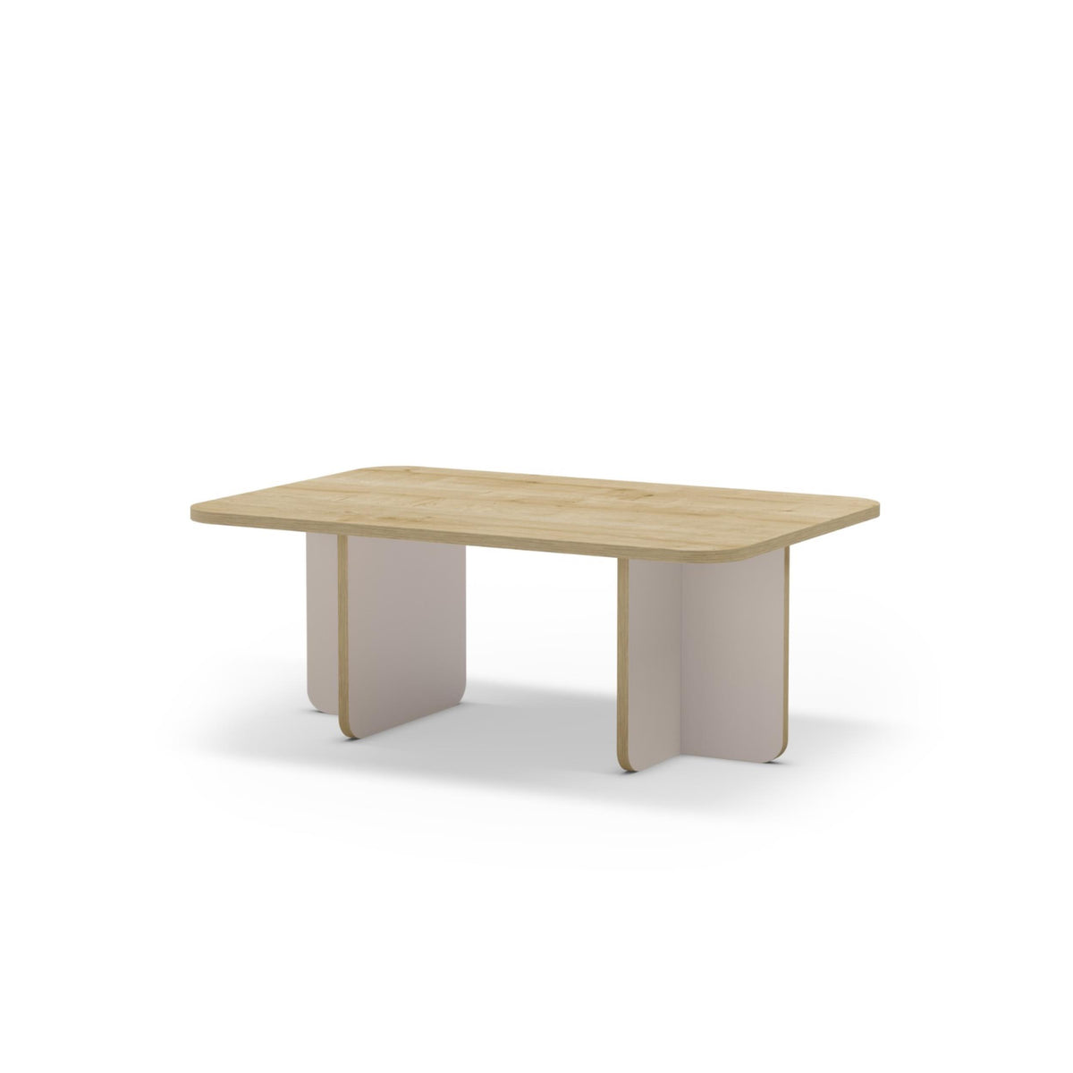 Ondrel 100 cm Coffee Table with Rounded Corners and Slab Legs — Travertine, Whiskey Oak, image 1