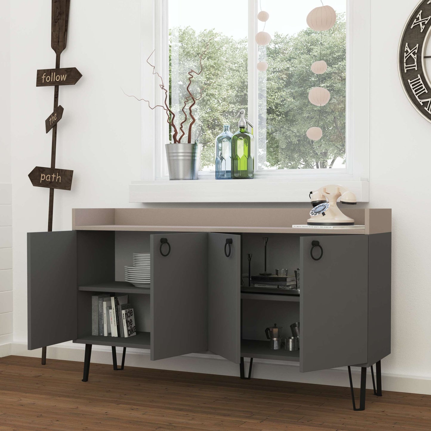 Freestanding multipurpose sideboard with ring handles and cabinet storage for hallway, dining room or kitchen use