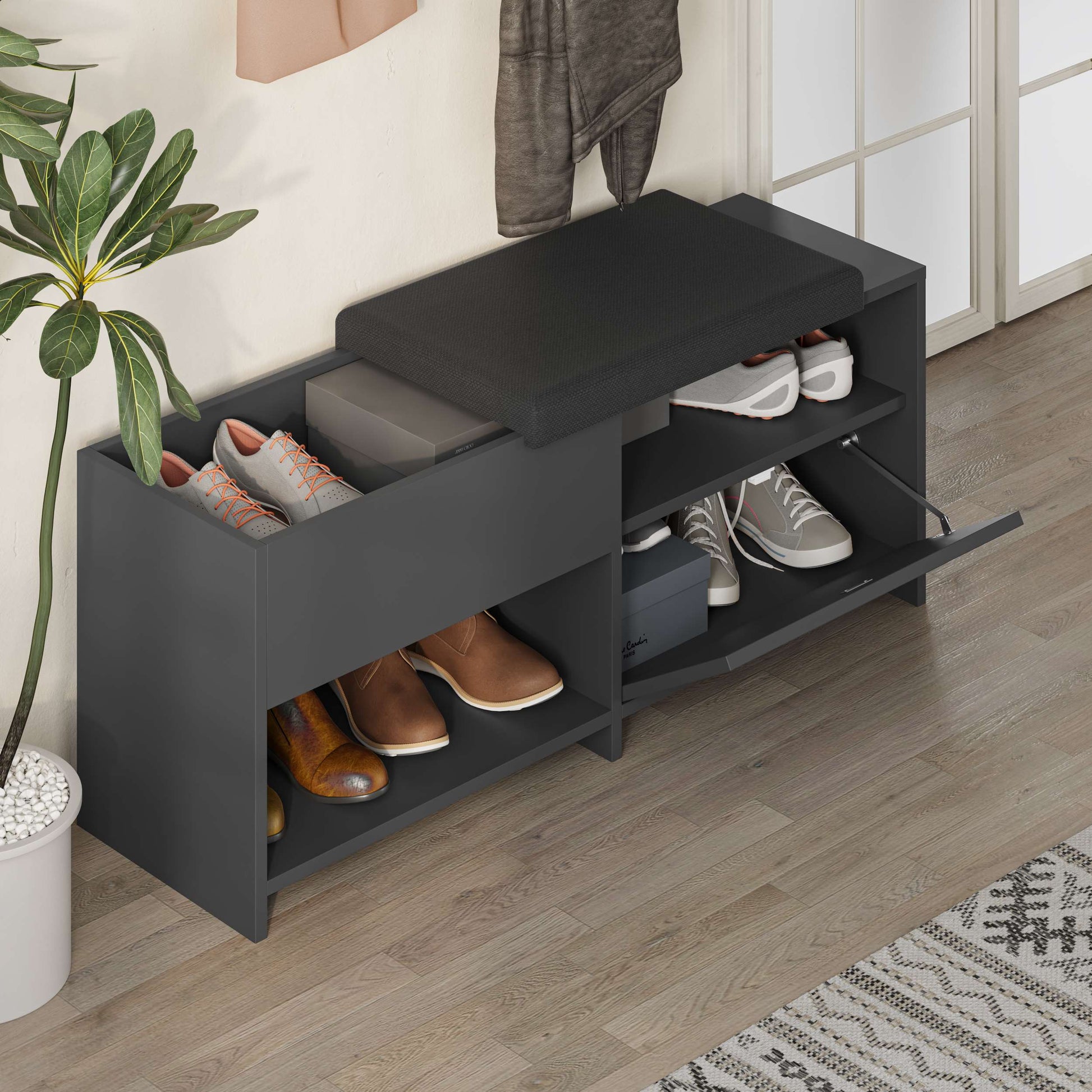 Compact hallway shoe bench with cushioned seat, open shelves and flap compartment, perfect for entryway storage.