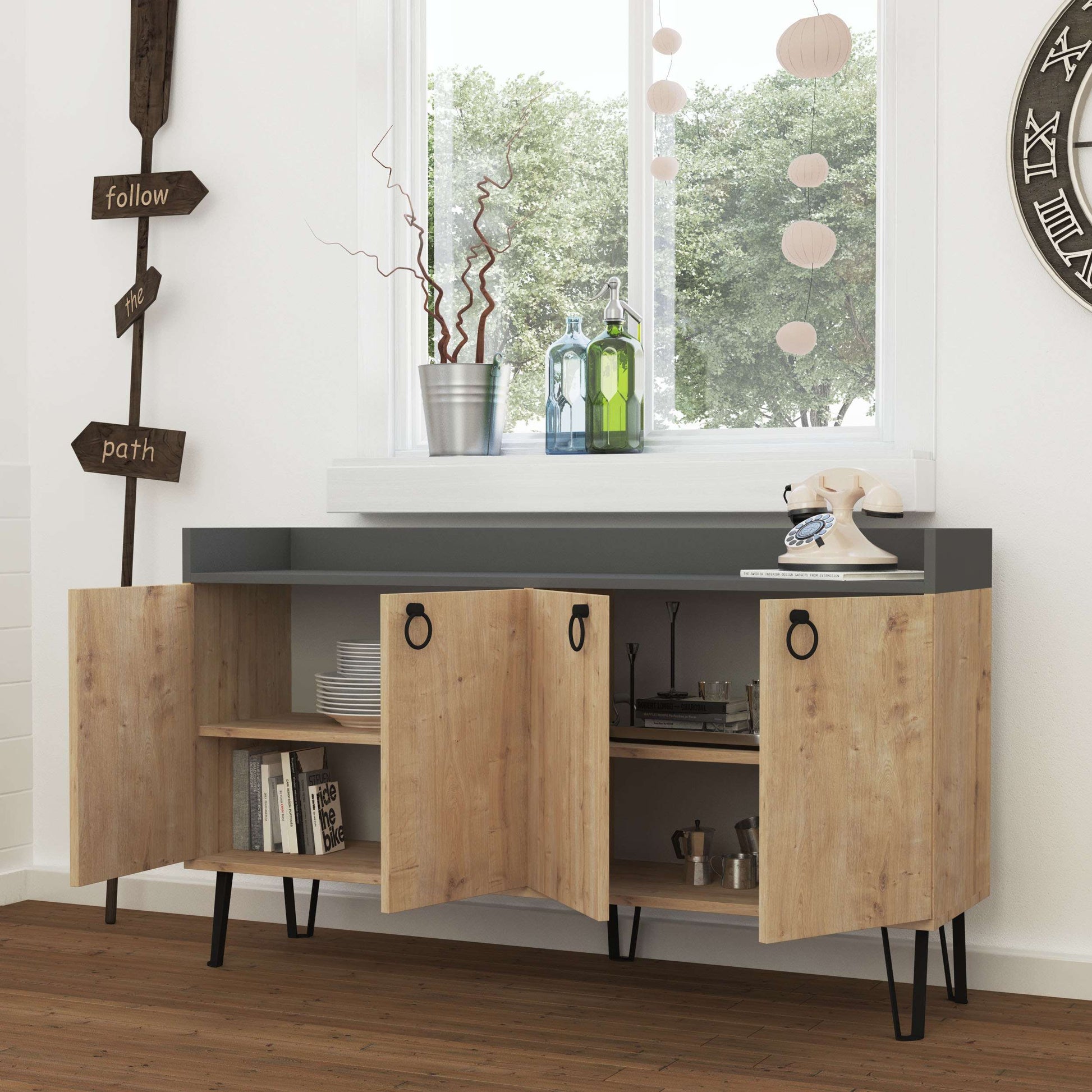 Freestanding multipurpose sideboard with ring handles and cabinet storage for hallway, dining room or kitchen use