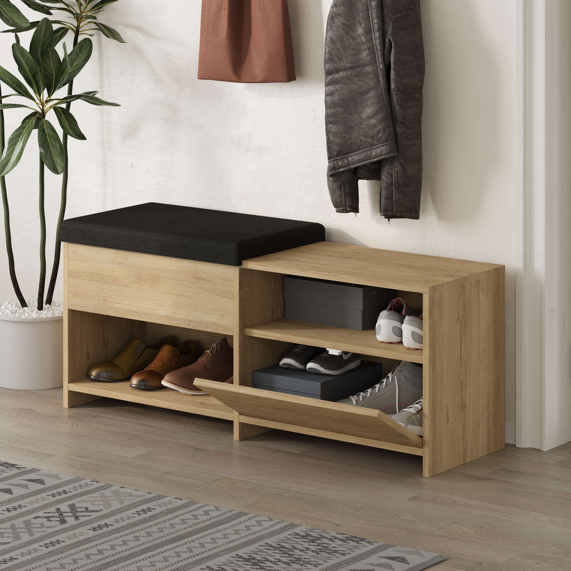 Compact hallway shoe bench with cushioned seat, open shelves and flap compartment, perfect for entryway storage.
