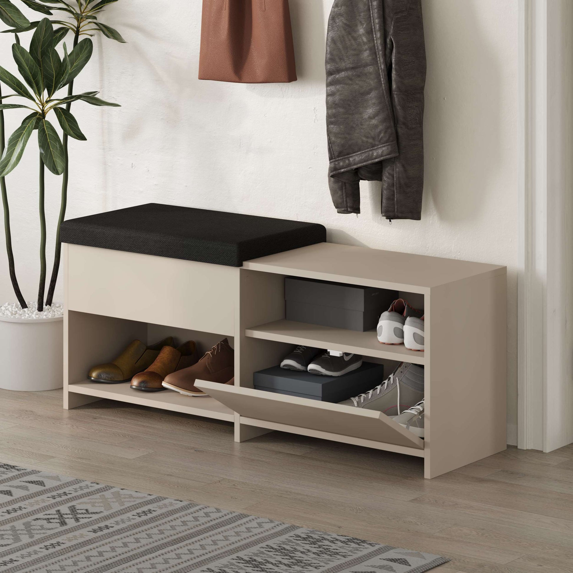 Compact hallway shoe bench with cushioned seat, open shelves and flap compartment, perfect for entryway storage.