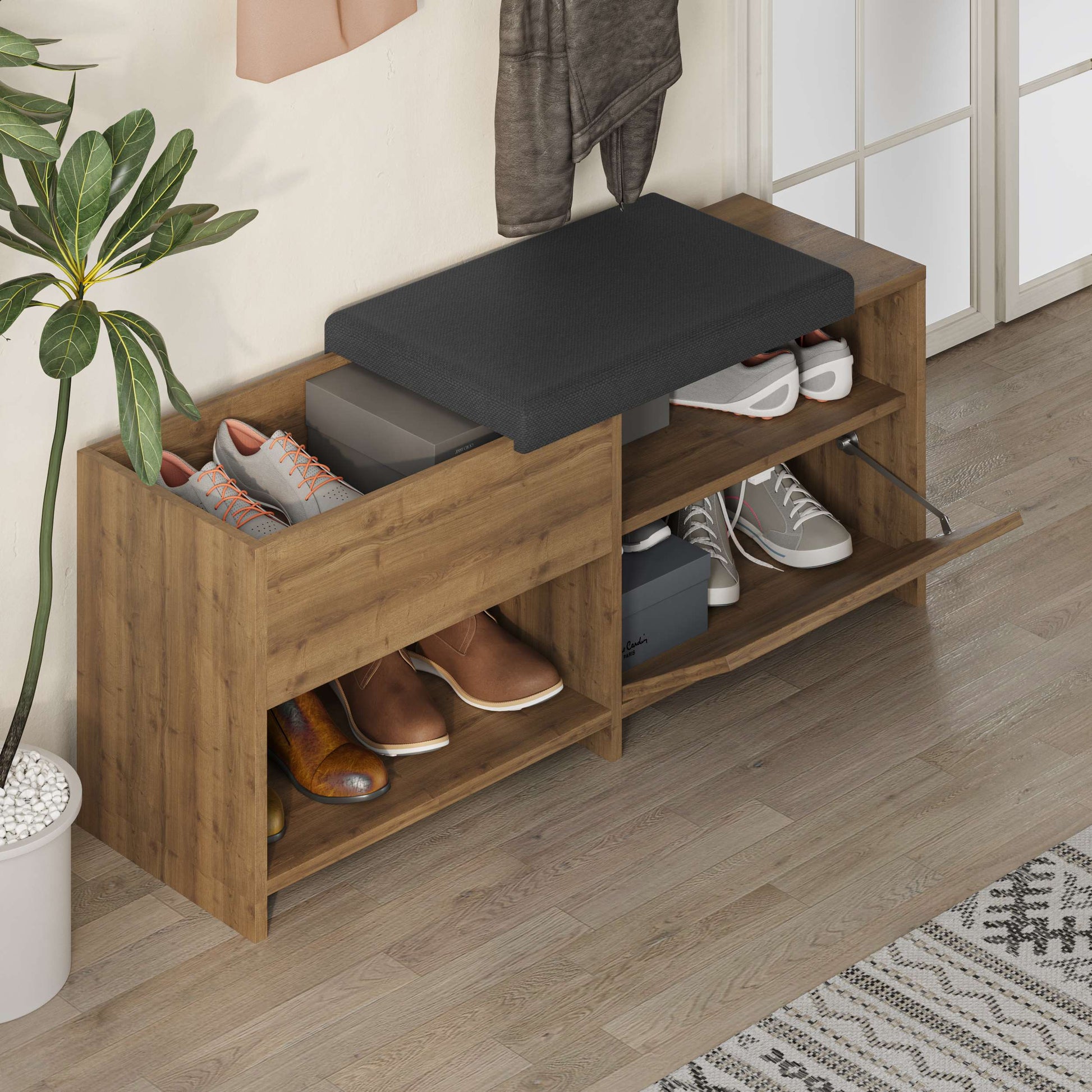 Compact hallway shoe bench with cushioned seat, open shelves and flap compartment, perfect for entryway storage.