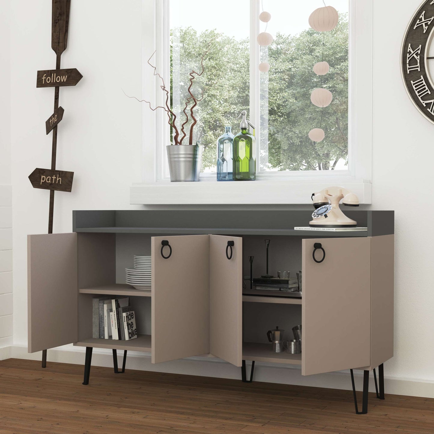 Freestanding multipurpose sideboard with ring handles and cabinet storage for hallway, dining room or kitchen use