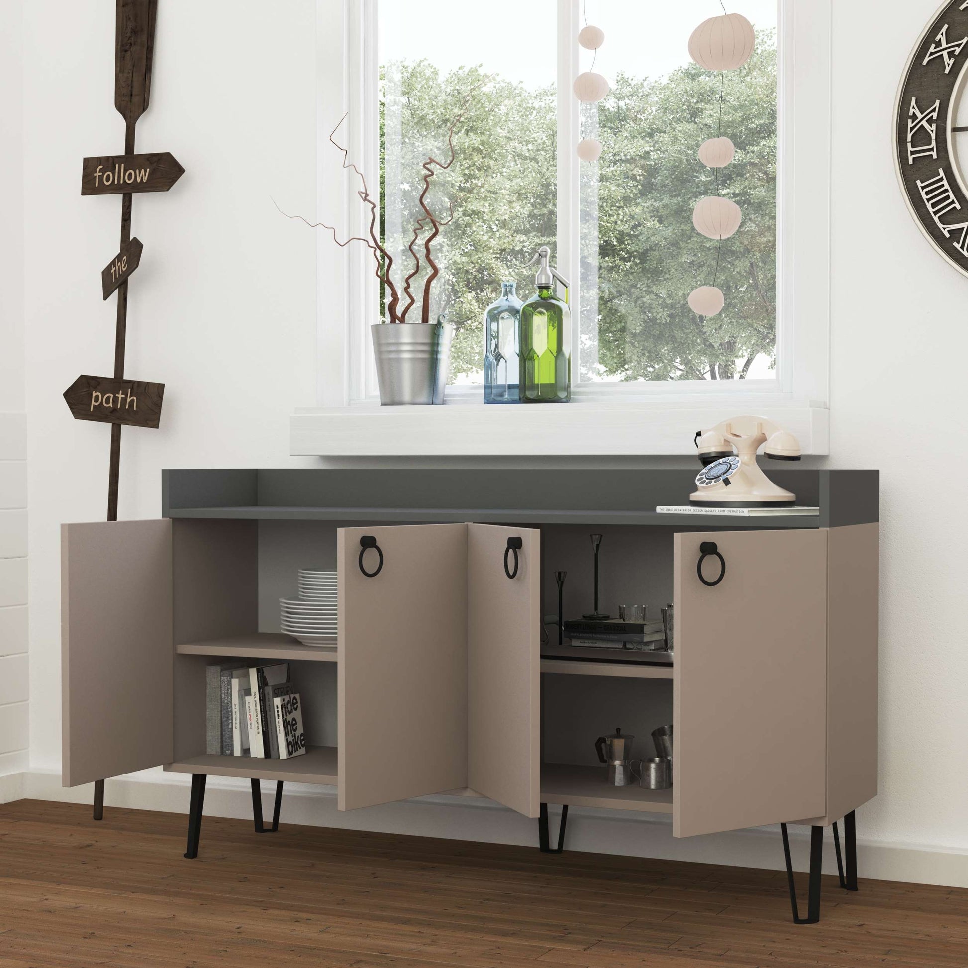 Freestanding multipurpose sideboard with ring handles and cabinet storage for hallway, dining room or kitchen use