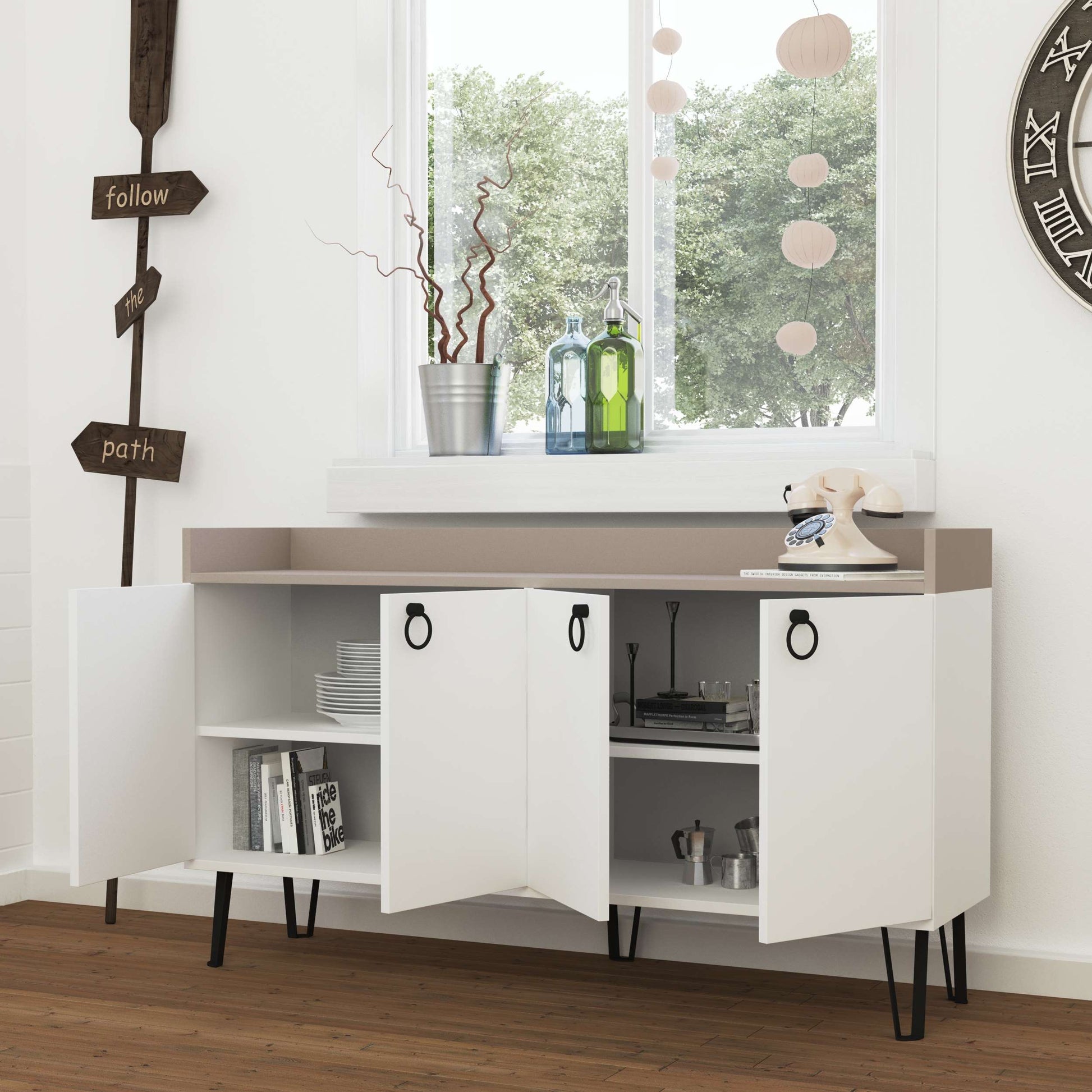 Freestanding multipurpose sideboard with ring handles and cabinet storage for hallway, dining room or kitchen use