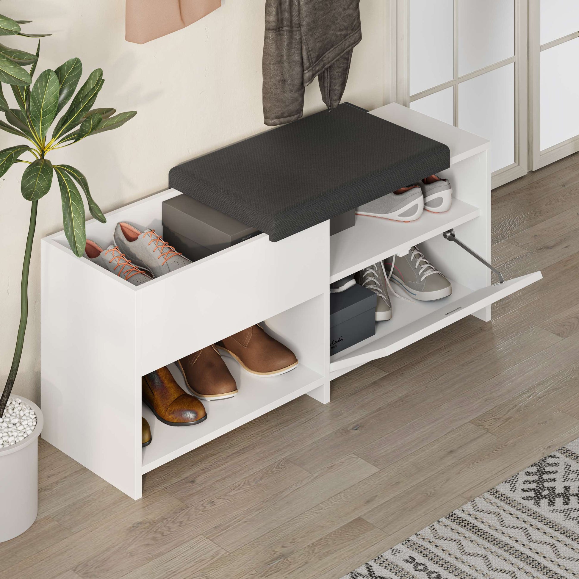 Compact hallway shoe bench with cushioned seat, open shelves and flap compartment, perfect for entryway storage.
