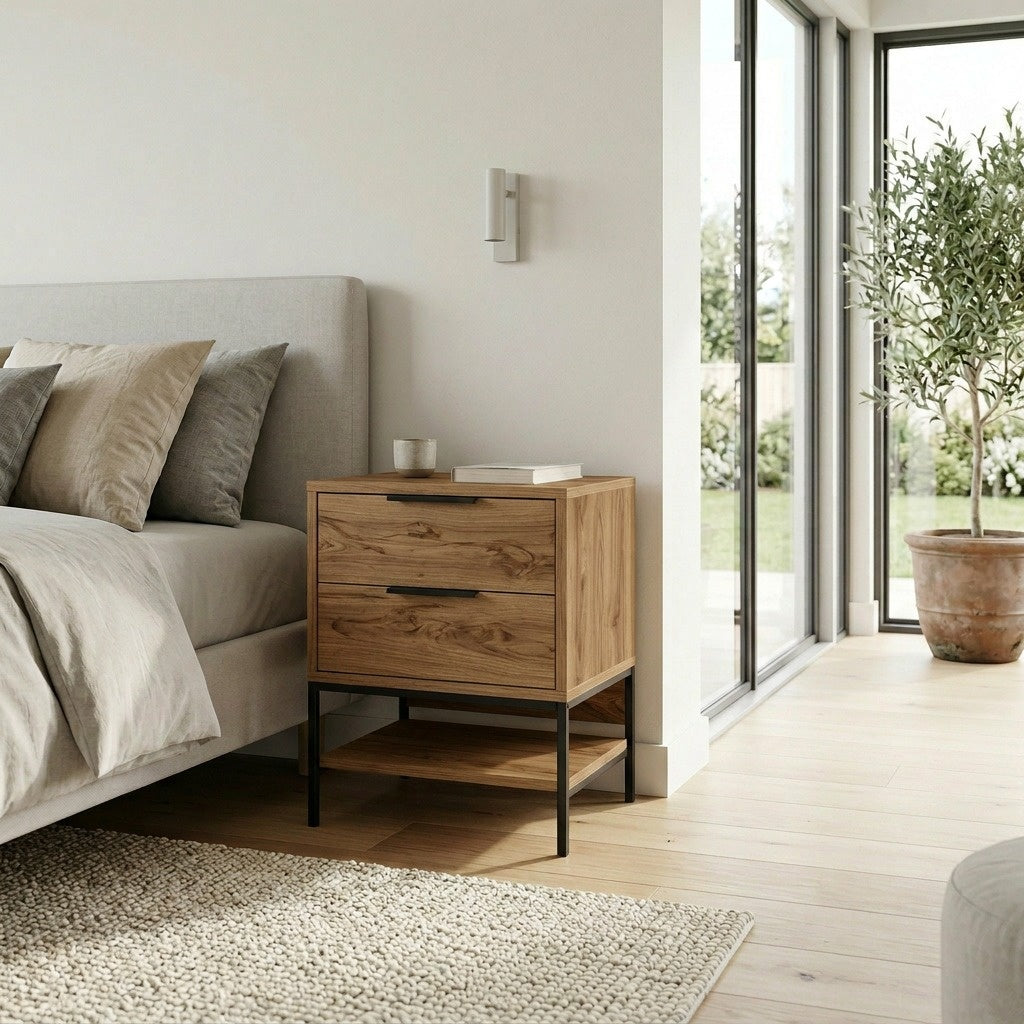 Pellan 45 cm Bedside Table with 2 Soft-Close Drawers — Whiskey Oak, image 1