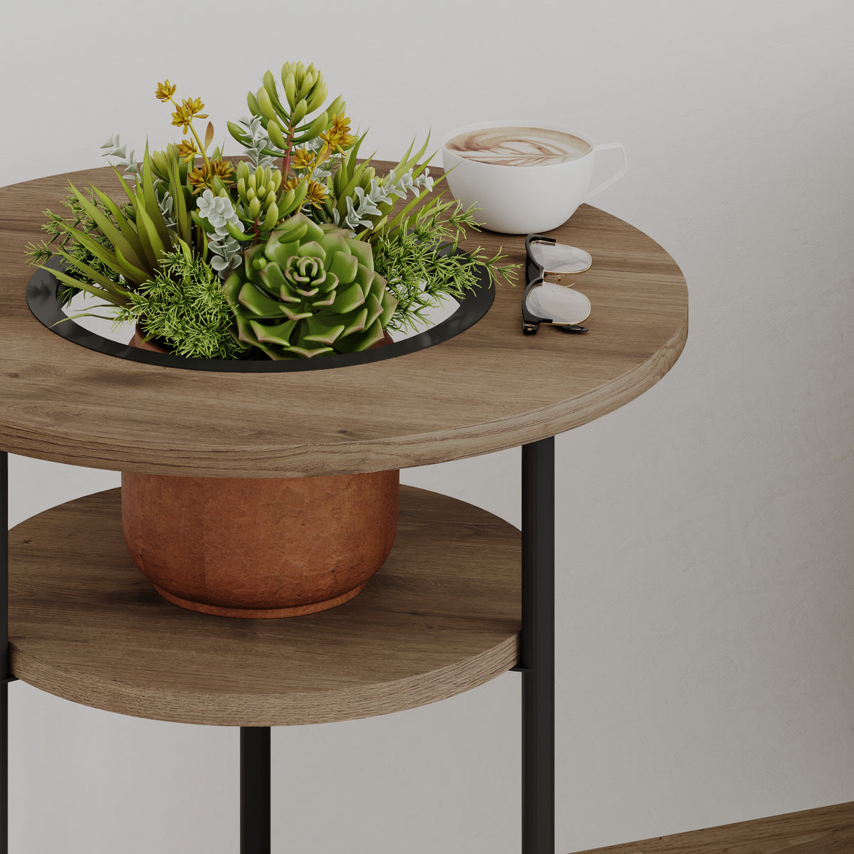 Quillo 50cm Round Side Table with Three Tiers and Metal Frame — Dark Oak Effect, image 4