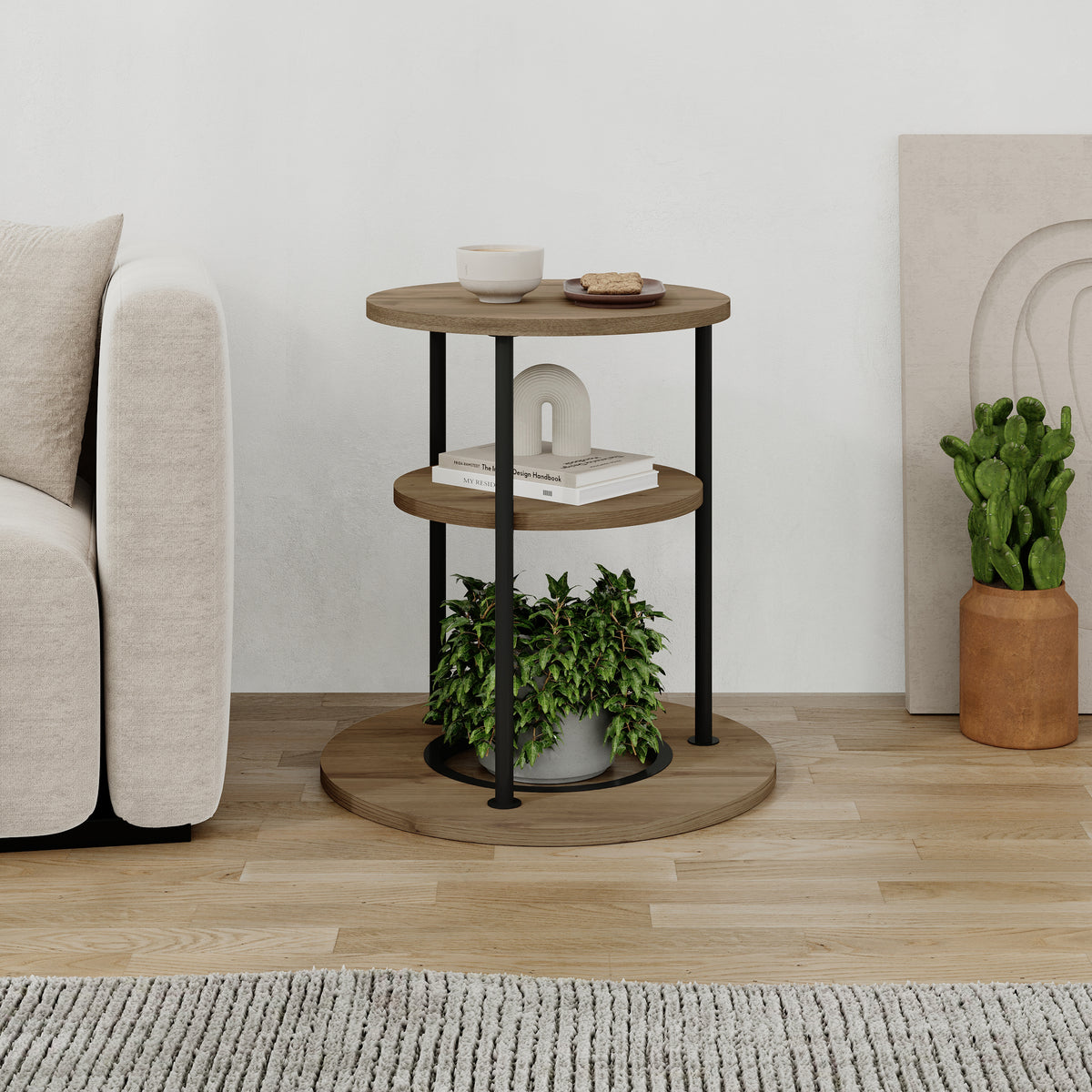 Quillo 50cm Round Side Table with Three Tiers and Metal Frame — Dark Oak Effect, image 5