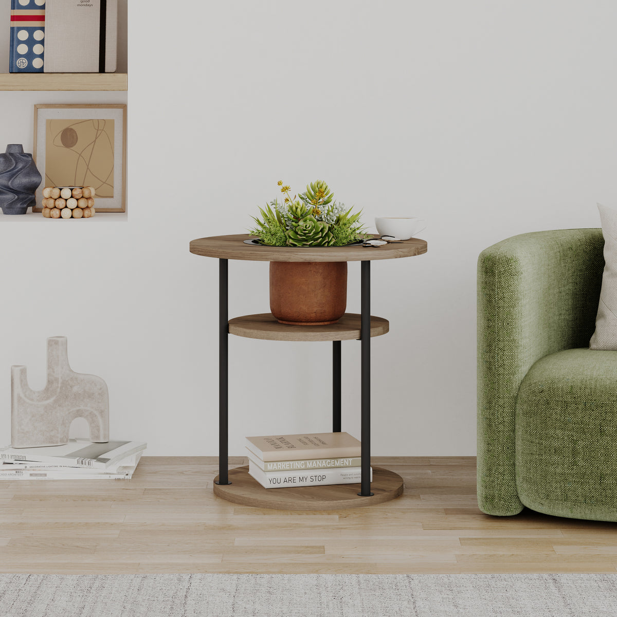 Quillo 50cm Round Side Table with Three Tiers and Metal Frame — Dark Oak Effect, image 6