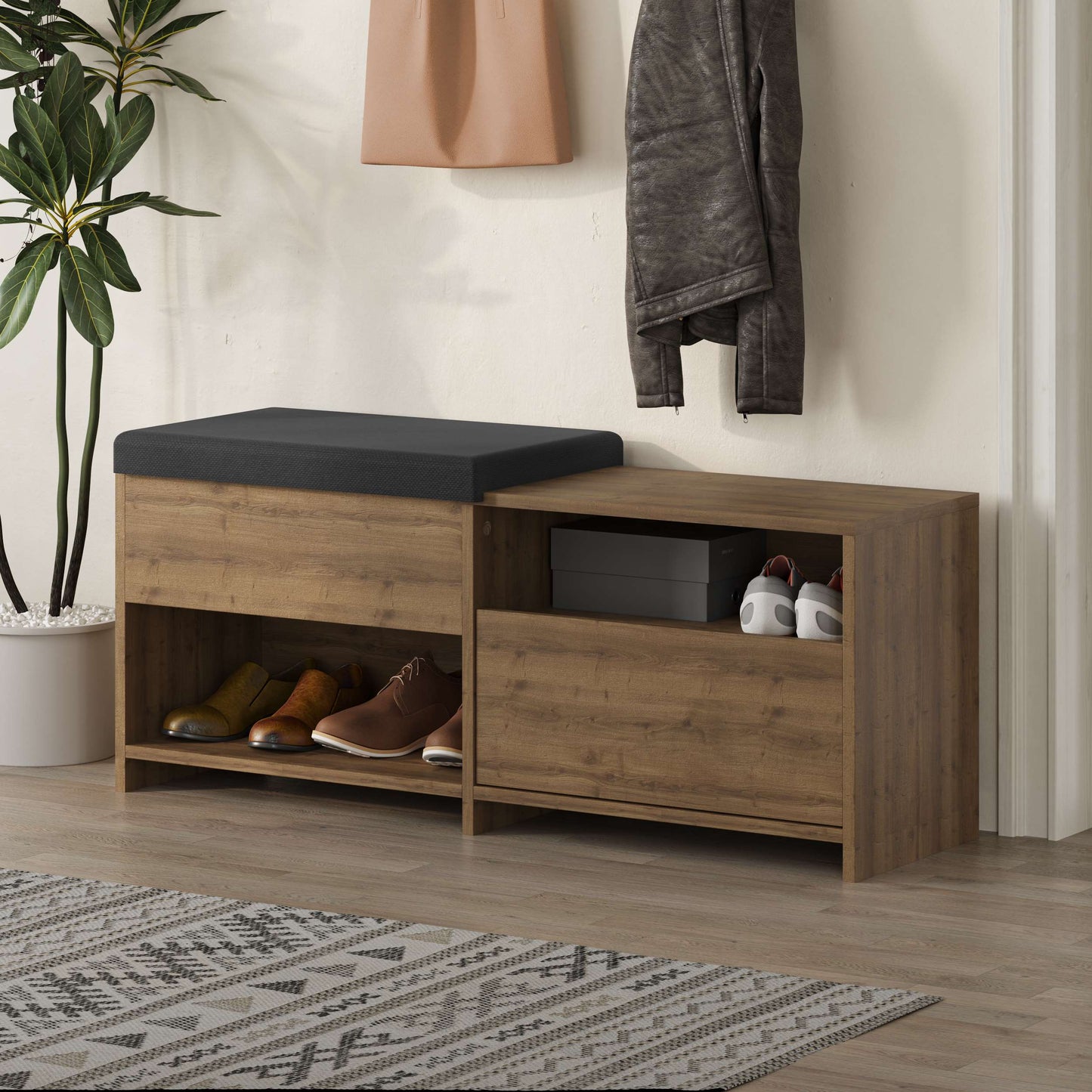 Compact hallway shoe bench with cushioned seat, open shelves and flap compartment, perfect for entryway storage.