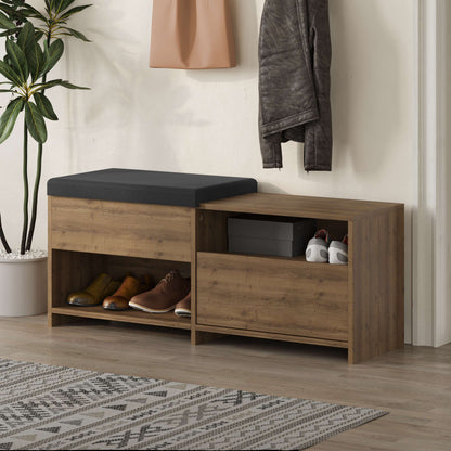Compact hallway shoe bench with cushioned seat, open shelves and flap compartment, perfect for entryway storage.