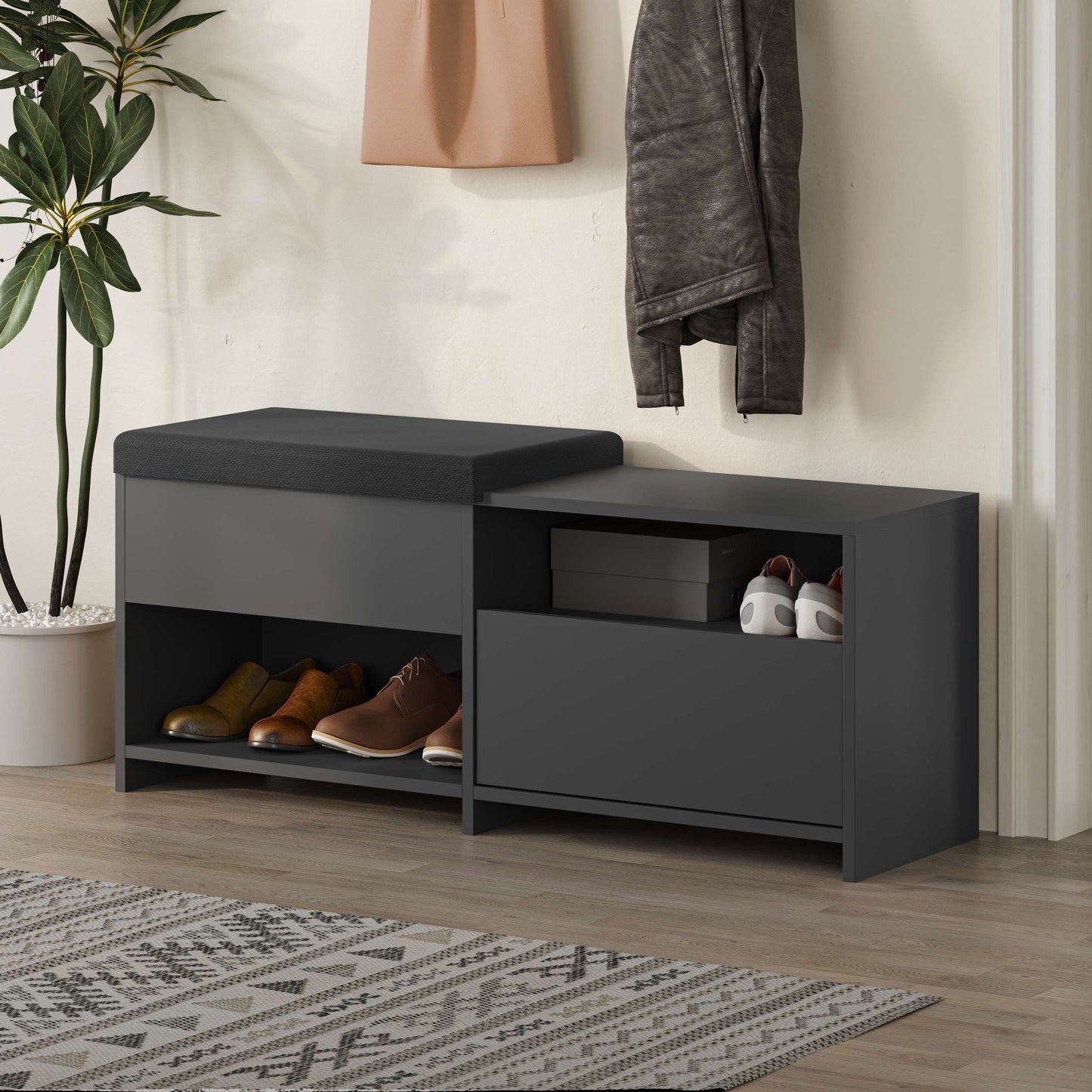 Compact hallway shoe bench with cushioned seat, open shelves and flap compartment, perfect for entryway storage.
