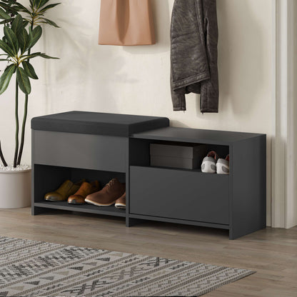 Compact hallway shoe bench with cushioned seat, open shelves and flap compartment, perfect for entryway storage.