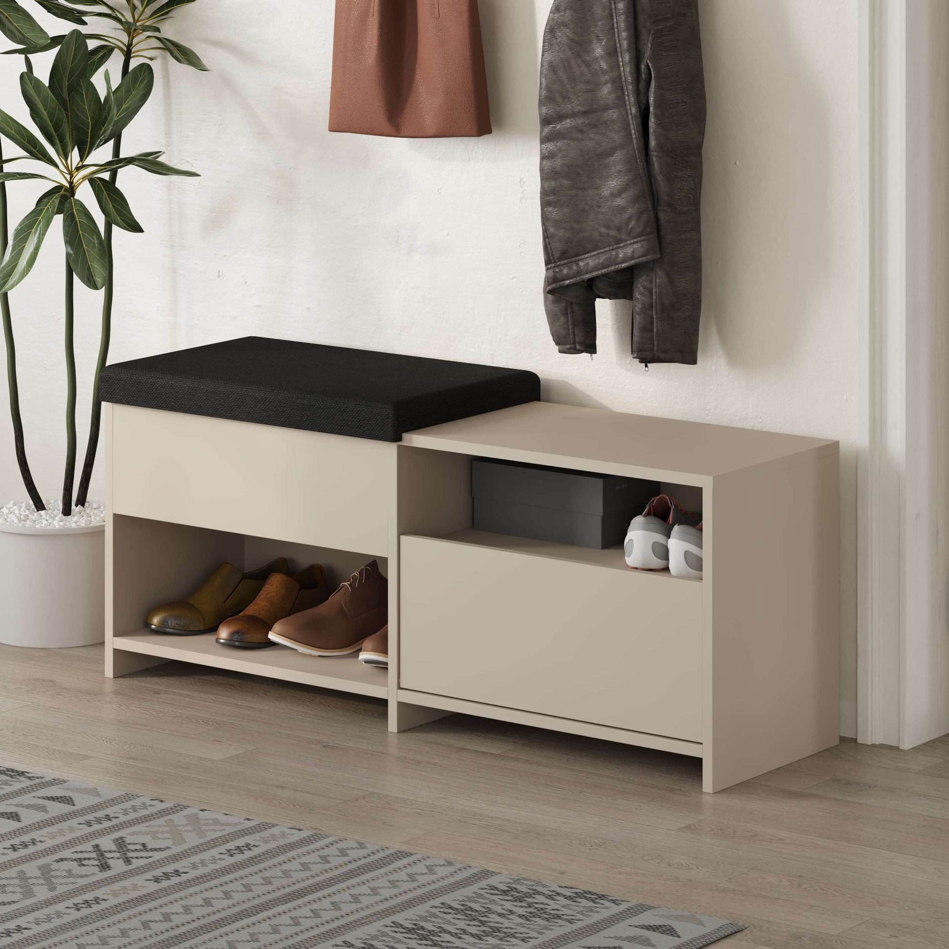 Compact hallway shoe bench with cushioned seat, open shelves and flap compartment, perfect for entryway storage.