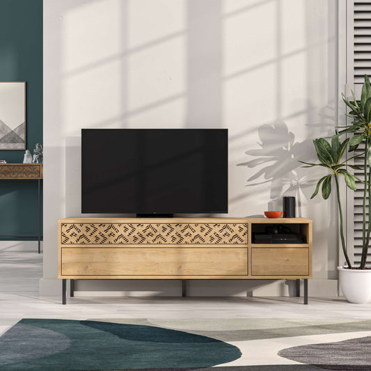 TV unit with drawers, open shelf and decorative front panel for living room media storage