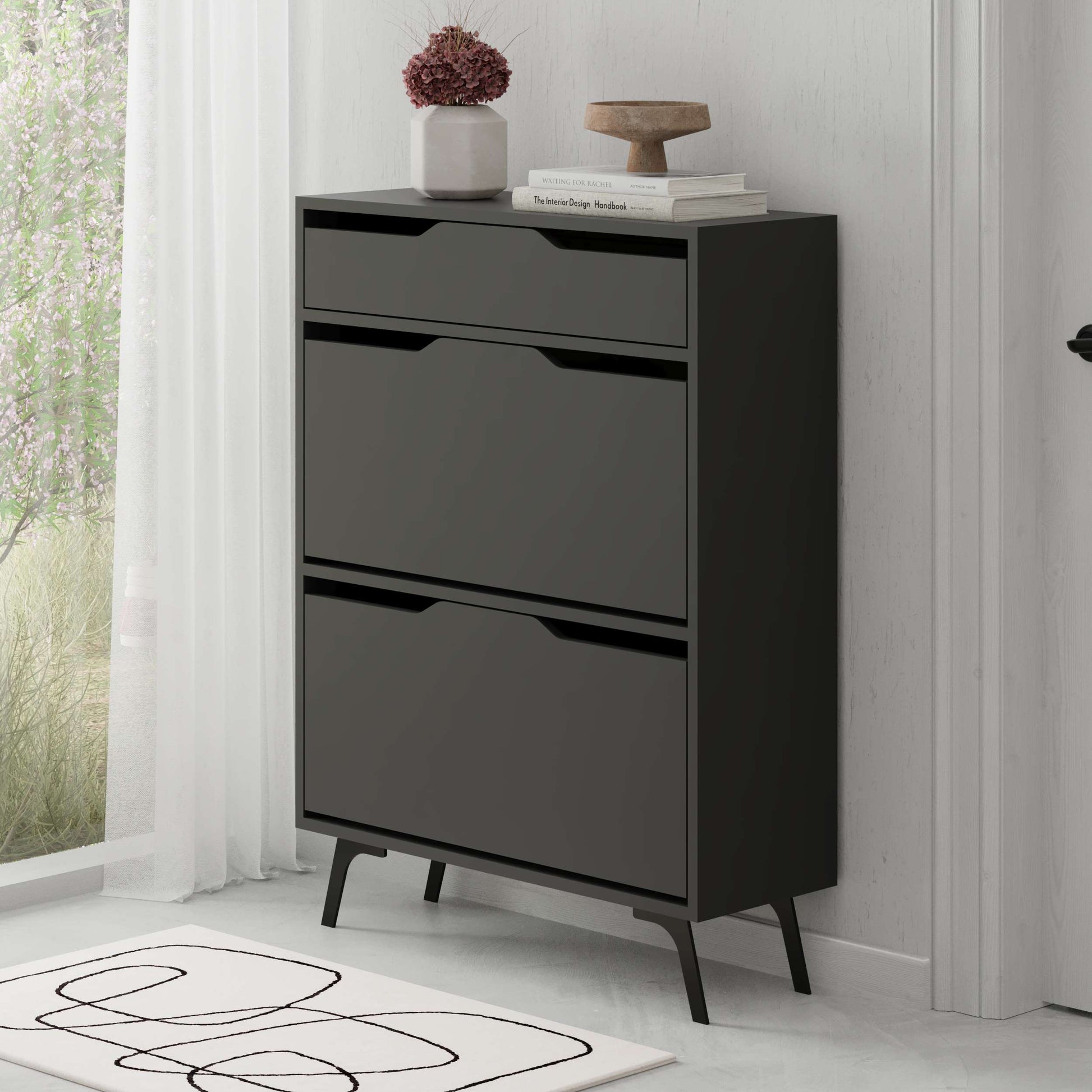Space-saving shoe cabinet with 3-tier flip drawers and top storage drawer, ideal for hallway or bedroom organisation