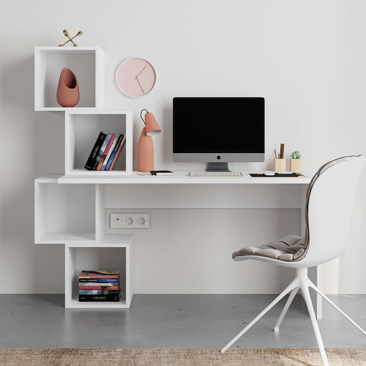 Modern white desk with open cube shelves for home office, student room or workspace setup