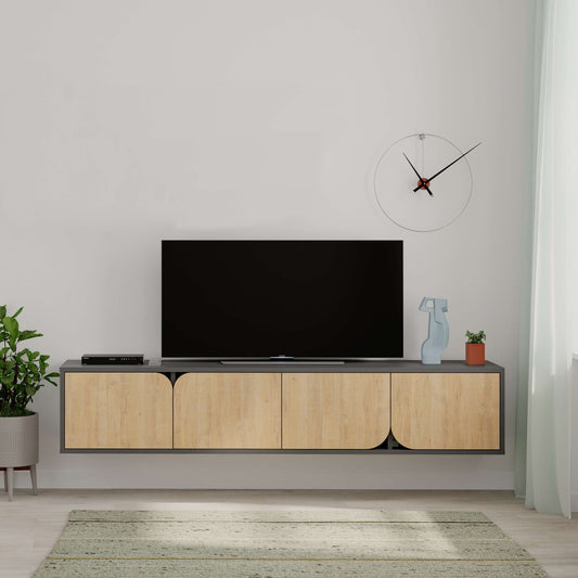 Wall-mounted TV unit with 4 storage cabinets, ideal for living room entertainment setup and cable organisation